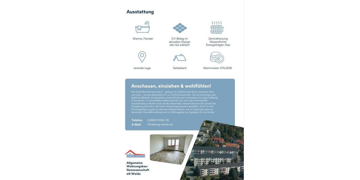 Etagenwohnung Münchenbernsdorf - 2 Zimmer, 50 m&sup2;, 275&euro; | Angebot:26366929